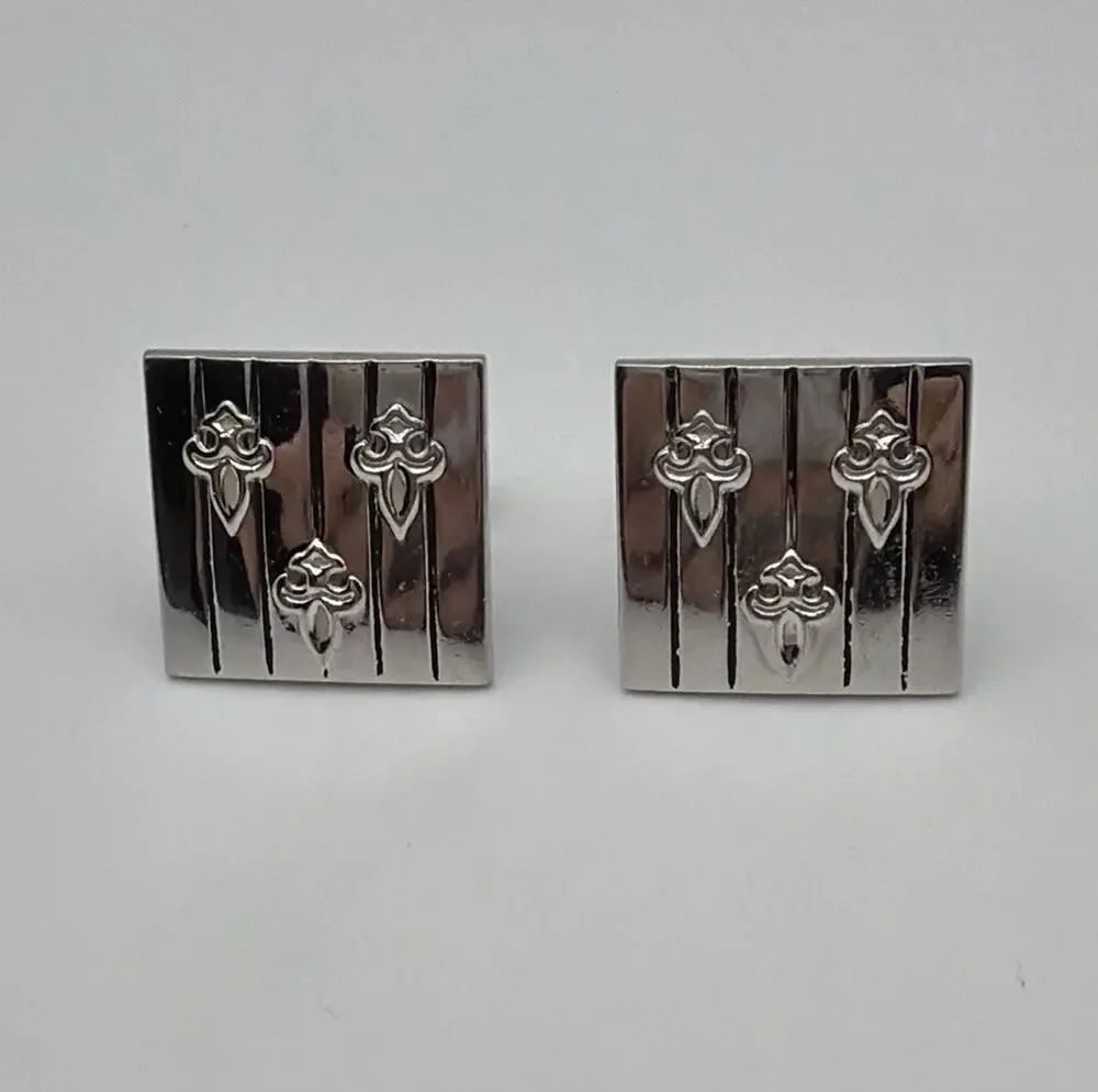 Vintage Swank Silver Tone Fleur De Lis Square Cufflinks Signed